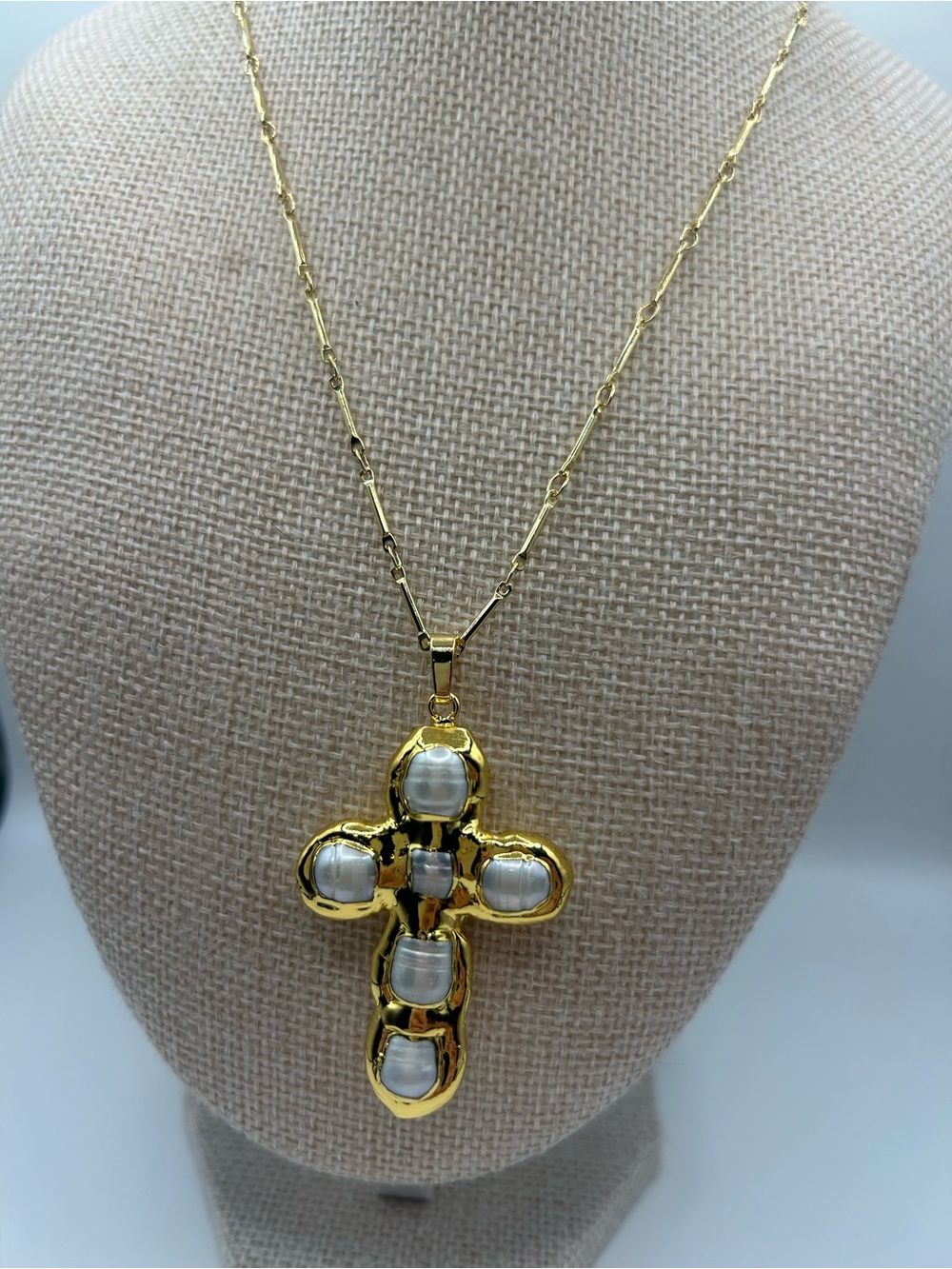 Cross Pendant Necklace with freshwater Pearl electroplated inlets